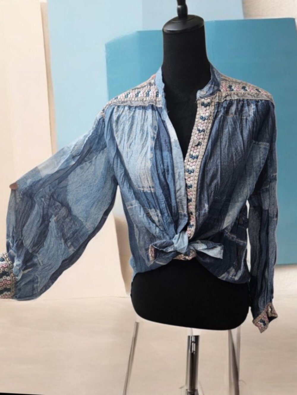 Boho Embellished Blue Button-Down Shirt
